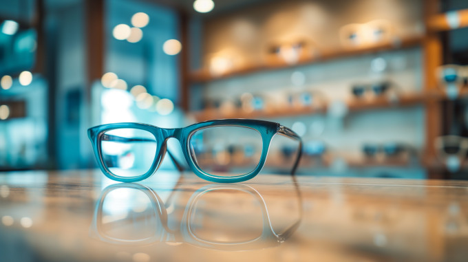Hochwertige blaue Kunststoffbrille liegt auf einer Ablage in einem Optikgeschäft. Im Hintergrund unscharf ein modernes Optikgeschäft in hellem Holz mit eleganter Beleuchtung