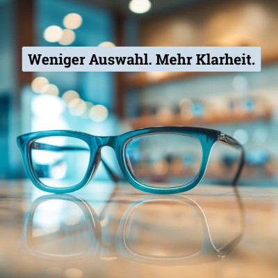 Hochwertige blaue Kunststoffbrille liegt auf einer Ablage in einem Optikgeschäft. Im Hintergrund unscharf ein modernes Optikgeschäft in hellem Holz mit eleganter Beleuchtung