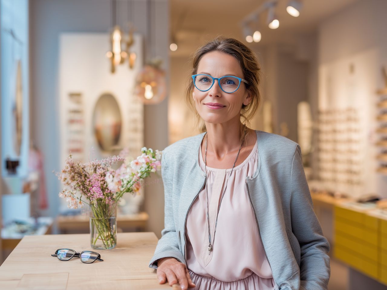 Optikerin helles Outfit in ihrem Geschäft