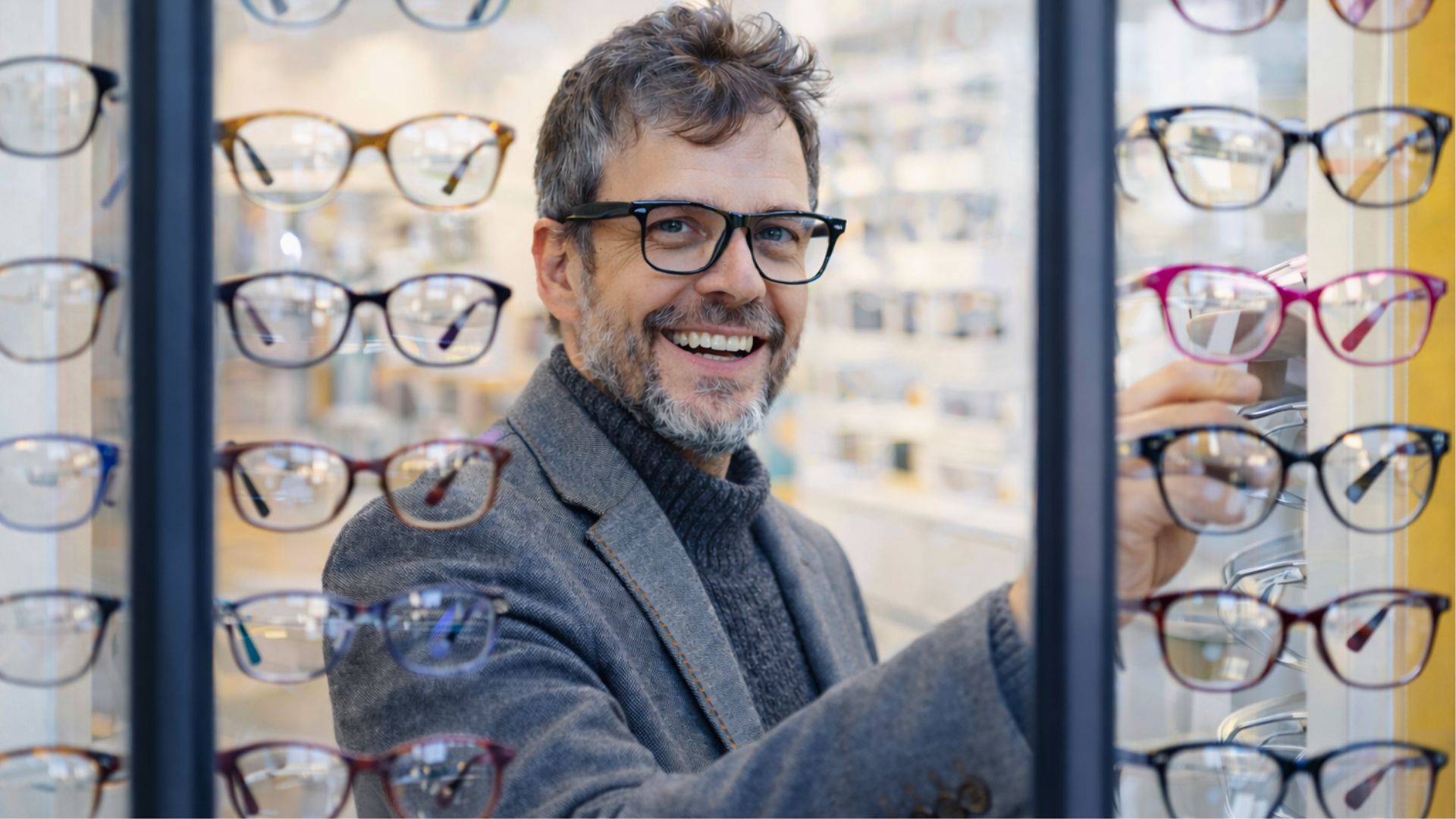 Lächelnder Optiker inmitten seiner Brillenauswahl