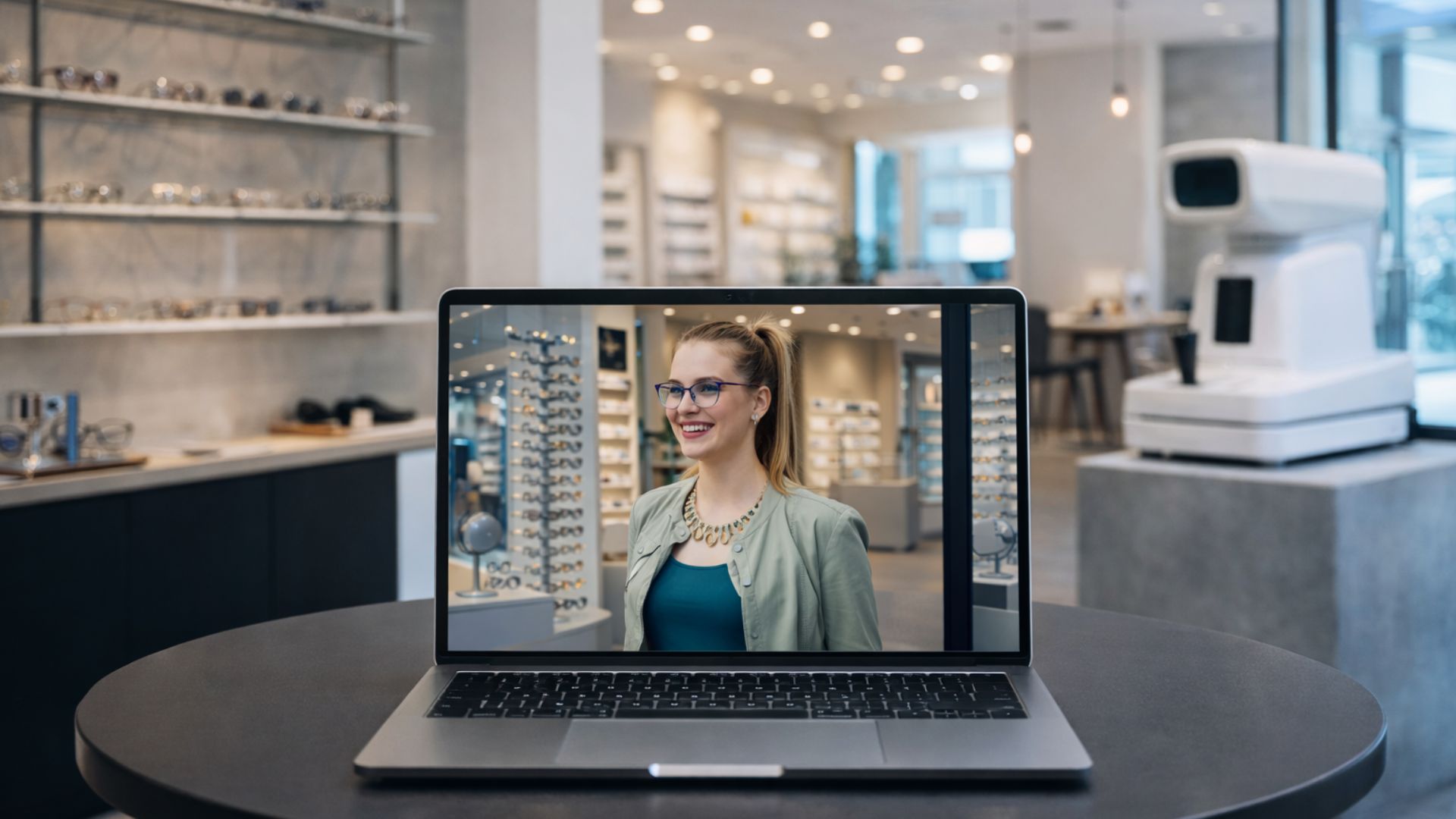 Junge Optikerin auf den Screen eines Laptops in ihrem Geschäft
