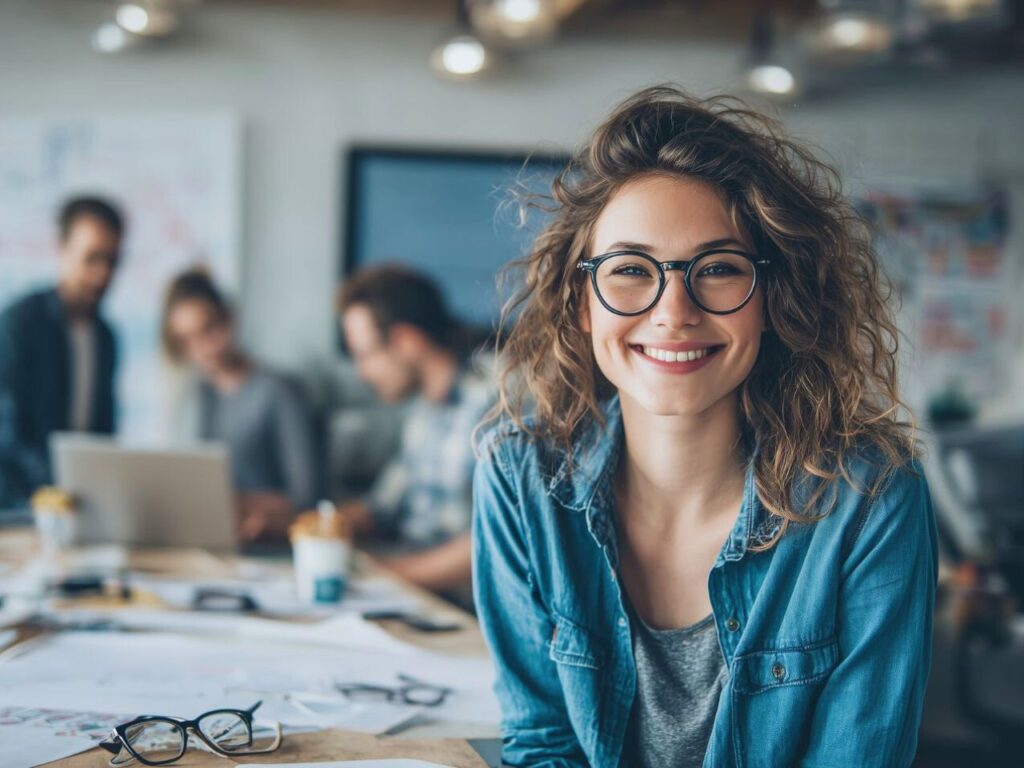 Junge Optikstudentin lachend Hörsaal
