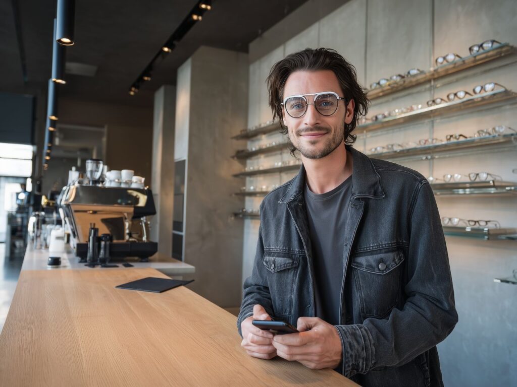 Optiker lässiges Outfit mit Smartphone in seinem Geschäft